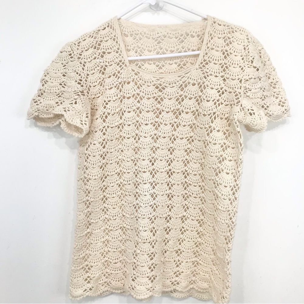 Cream Crochet Open Knit Feminine Short Sleeve Boho Beach Top